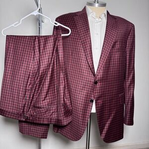 Elevée Custom Suit Mens 52L 52XL 46x34 Burgundy‎ Gingham Plaid Cordy Glenn NFL
